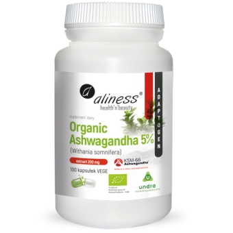 Aliness Ashwagandha Organic 5% 200mg 100kapsułek cena 59,90zł