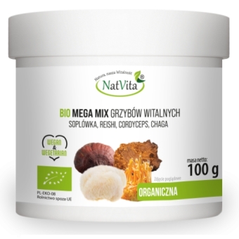 Mega Mix Grzyby witalne BIO Soplówka Reishi Cordyceps Chaga mielone proszek 100g  Natvita cena 49,00zł