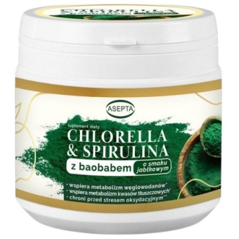 Asepta Chlorella & Spirulina z baobabem o smaku jabłkowym 150g cena 56,90zł