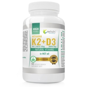 Wish Pharmaceutical Witamina K2 MK-7 100mcg + D3 2000IU 50mcg MCT (olej kokosowy) 60kapsułek cena 20,80zł
