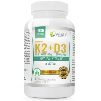 Wish Pharmaceutical Witamina K2 MK-7 100mcg + D3 2000IU 50mcg MCT (olej kokosowy) 120kapsułek cena 40,65zł