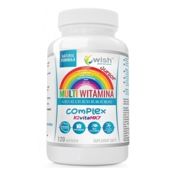 Wish Pharmaceutical Multiwitamina Junior Witamina B Complex + A,D3,E,K2 + C + Prebiotyk 120kapsułek cena 34,49zł