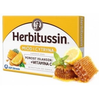 Herbitussin Miód i Cytryna porost islandzki + witamina C 12pastylek do ssania cena 10,90zł