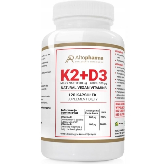Witamina K2 Vita-MK7 7 200µg + D3 100µg 4000IU z prebiotykiem 120kapsułek Vcaps Alto Pharma cena 79,99zł