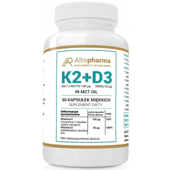 Witamina K2 Vita-MK7 7 100µg + D3 100µg 2000IU w oleju MCT 60kapsułek miękkich Vcaps Alto Pharma cena 23,99zł