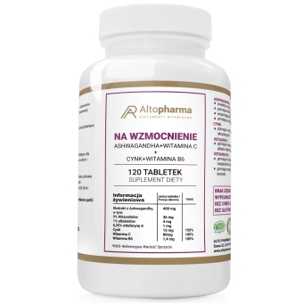 Na wzmocnienie Ashwagandha + Cynk + Witamina C+ Witamina B6 120tabletek Alto Pharma cena 42,99zł